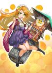  1girl boots clock clock_tower dango food food_themed_clothes fruit green_eyes ika japanese_clothes long_hair looking_at_viewer open_mouth orange orange_hair original smile tower wagashi 