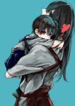  2girls age_difference akagi_(kantai_collection) black_eyes black_hair blue_background carrying child heart highres hug japanese_clothes kaga_(kantai_collection) kantai_collection long_hair looking_at_viewer multiple_girls shuu-0208 simple_background smile tagme tasuki yellow_eyes younger 