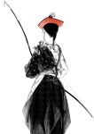  1girl arrow back black_hair bow_(weapon) hat highres japanese_clothes kimono monochrome original patterned ponytail sawasawa short_hair simple_background solo spot_color weapon white_background 