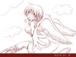  1girl breasts dated hidamari_sketch looking_at_viewer looking_back miyako monochrome open_mouth outstretched_arms quro_(black_river) smile solo wings 