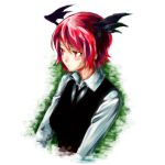  1girl :/ akihira_fujinohara alternate_hair_length alternate_hairstyle bat_wings blush bust dress_shirt head_wings koakuma long_sleeves looking_away necktie red_eyes redhead shirt short_hair simple_background solo touhou vest white_background white_shirt wings 