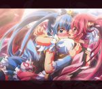  aino_megumi blue_eyes blue_hair blue_skirt crown cure_lovely cure_princess earrings hair_ornament happinesscharge_precure! highres hug inoshishi_(ikatomo) jewelry long_hair magical_girl multiple_girls open_mouth pink_eyes pink_hair ponytail precure shirayuki_hime skirt thigh-highs twintails wrist_cuffs 