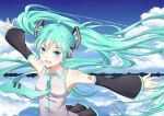  1girl green_eyes green_hair hair_ornament hatsune_miku long_hair necktie open_mouth outstretched_arms pc9527 sky smile solo spread_arms tagme twintails vocaloid 