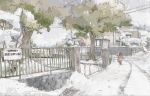  1girl fence footprints house original park pigtail power_lines road scenery snow street tree twintails wamizu 