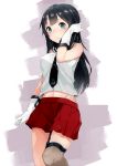  1girl agano_(kantai_collection) black_hair blue_eyes breasts gloves hand_in_hair kantai_collection kskasutera long_hair navel necktie simple_background single_thighhigh skirt solo standing thigh-highs white_background white_gloves 