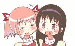  &gt;_&lt; 2girls :d akemi_homura animated animated_gif black_hair blush bow cheek-to-cheek hair_ribbon hairband heart heart_in_mouth kaname_madoka long_hair mahou_shoujo_madoka_magica multiple_girls nie_no open_mouth pink_hair ribbon school_uniform short_hair short_twintails simple_background smile twintails ugoira violet_eyes white_background yuri 