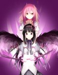  2girls aabtcndneefkg akemi_homura black_hair bow_(weapon) bubble_skirt choker feathered_wings gloves hair_down hair_ribbon highres hug hug_from_behind kaname_madoka long_hair looking_at_viewer magical_girl mahou_shoujo_madoka_magica mahou_shoujo_madoka_magica_movie multiple_girls pink_eyes pink_hair purple_background ribbon short_hair smile violet_eyes weapon white_gloves wings 