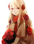  1girl blonde_hair bouquet cowboy_shot flower highres hydnellum_peckii lemontea long_hair looking_at_viewer mushroom original personification red_eyes red_flower red_scarf scarf simple_background sketch solo very_long_hair white_background 