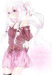  1girl arms_behind_back bangs bare_shoulders braid expressionless hair_ribbon happy_birthday highres ia_(vocaloid) long_hair pink_skirt pleated_skirt ribbon silver_hair skirt solo suhu_(hitsuzimakaron) twin_braids twintails violet_eyes vocaloid wrist_cuffs 