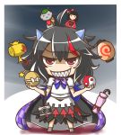  1girl ahoge black_hair bomb bow camera cape checkered chibi directional_arrow doll dress evil_grin evil_smile feiton grin horns impossible_spell_card japanese_clothes jizou kijin_seija kimono lantern mallet multicolored_hair parasol red_eyes redhead sharp_teeth short_hair short_sleeves smile solo streaked_hair touhou umbrella white_hair yin_yang 