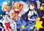  3girls :d ascot black_hair blonde_hair blue_eyes bow brown_eyes drill_hair fairy_wings fang hair_bow hair_ornament hair_ribbon hairband hat kazucha lolita_hairband long_hair luna_child mob_cap multiple_girls open_mouth red_eyes ribbon smile star star_sapphire sunny_milk touhou twintails wings 