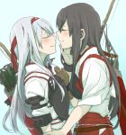  2girls akagi_(kantai_collection) arrow blue_background bow_(weapon) brown_hair closed_eyes hakama hand_on_another&#039;s_face headband japanese_clothes kantai_collection leaning_forward long_hair multiple_girls ree_(re-19) shoukaku_(kantai_collection) smile weapon white_hair yuri 