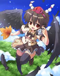  1girl bird_wings black_hair black_legwear black_wings blue_sky camera clouds fan feathers flying hat highres kurogarasu looking_at_viewer open_mouth panties puffy_short_sleeves puffy_sleeves red_eyes shameimaru_aya short_sleeves sky smile solo thigh-highs tokin_hat touhou underwear wings zettai_ryouiki 