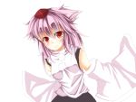  1girl alternate_hairstyle animal_ears bare_shoulders blush breasts detached_sleeves hat inubashiri_momiji long_hair looking_at_viewer nununu!! pom_pom_(clothes) red_eyes silver_hair smile solo tokin_hat touhou wolf_ears 