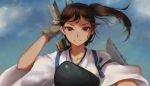  1girl arrow bow_(weapon) brown_eyes brown_hair derivative_work kaga_(kantai_collection) kantai_collection looking_at_viewer side_ponytail smile solo viola_(seed) weapon 