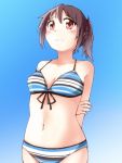  1girl bikini brown_hair hinoichi241 original ponytail red_eyes short_hair striped striped_bikini striped_swimsuit swimsuit 