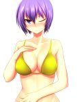  1girl bikini blush breasts cleavage hand_on_own_chest highres light_smile looking_at_viewer maji_de_watashi_ni_koi_shinasai! one_eye_closed purple_hair shiina_miyako short_hair solo swimsuit violet_eyes white_background yuriko1985 