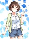  1girl blush brown_eyes brown_hair denim denim_shorts hinoichi241 looking_at_viewer original short_hair shorts solo v 