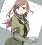  1girl ? brown_eyes brown_hair camera kantai_collection long_hair ooi_(kantai_collection) ree_(re-19) sailor_collar solo spoken_question_mark surprised translated 