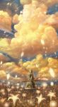  1girl boots bou_nin clouds cloudy_sky field flower flower_field highres holding long_hair looking_up original petals sky solo staff standing tagme twilight 