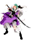  1boy black_gloves boots clenched_teeth dirty flat_color full_body gloves highres hood injury iwatooshi japanese_clothes male_focus marubotan naginata official_art orange_hair polearm short_hair simple_background solo torn_clothes touken_ranbu transparent_background weapon 