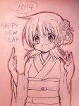  1girl 2014 blush happy_new_year hidamari_sketch japanese_clothes kimono miyako monochrome new_year open_mouth quro_(black_river) smile solo traditional_media 