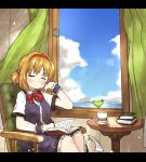  1girl alice_margatroid amonitto animal arm_support bird blonde_hair blue_dress blue_sky book chair closed_eyes clouds cup curtains dress hairband lake open_window shirt short_sleeves sitting sky sleeping solo table teacup touhou water wind wrist_cuffs 