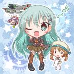  3girls airplane bag blue_background blush brown_hair cat chibi error_musume green_eyes green_hair hat holding_animal kantai_collection lilywhite_lilyblack long_hair minigirl multiple_girls musical_note one_eye_closed open_mouth paper_airplane purple_hair ribbon riding short_hair smile solid_circle_eyes star suzuya_(kantai_collection) white_cat 