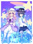  2girls blonde_hair blue_eyes bow brown_hair dress gears hair_bow hat hat_bow highres kaenuco long_hair looking_at_viewer maribel_hearn multiple_girls necktie open_mouth ribbon short_hair skirt sky smile star star_(sky) starry_sky touhou usami_renko violet_eyes 