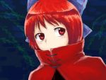  1girl absurdres averting_eyes blue_background bow bust cape facing_viewer faux_traditional_media hair_bow highres kisamu_(ksmz) light_frown red_eyes redhead sekibanki short_hair solo touhou willow 