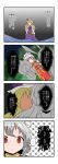  3girls 4koma animal_ears blonde_hair bow braid business_suit chinese_clothes comic hair_bow hat highres ibaraki_kasen ibaraki_kasen_(cosplay) izayoi_sakuya konpaku_youmu long_hair maid_headdress mikazuki_neko multiple_girls necktie open_mouth rabbit_ears red_eyes reisen_udongein_inaba short_hair silhouette silver_hair tagme touhou translation_request twin_braids watatsuki_no_toyohime 