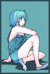  1girl blue_background blue_eyes blue_hair mahou_shoujo_madoka_magica miki_sayaka momoko_(palemon) naked_overalls overalls short_hair sitting socks 