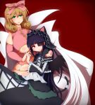  2girls animal_ears barefoot blonde_hair bow breasts cat_ears cat_tail detached_sleeves green_eyes hair_bow haruka_(senran_kagura) holding_hands huge_breasts looking_at_viewer mirai_(senran_kagura) multiple_girls ponpo red_background senran_kagura senran_kagura_(series) simple_background smile tail underboob 