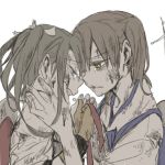  2girls brown_hair crying grey_hair hand_on_another&#039;s_cheek hand_on_another&#039;s_face injury japanese_clothes kaga_(kantai_collection) kantai_collection long_hair multiple_girls ree_(re-19) short_hair side_ponytail tears twintails white_background yellow_eyes zuikaku_(kantai_collection) 