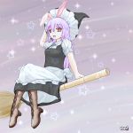  1girl animal_ears apron boots broom broom_riding cosplay cross-laced_footwear hand_on_headwear hat kirisame_marisa kirisame_marisa_(cosplay) lavender_hair long_hair looking_at_viewer open_mouth purple_background rabbit_ears red_eyes reisen_udongein_inaba sagami_kaede short_sleeves signature skirt skirt_set solo sparkle star starry_background touhou waist_apron witch_hat 