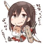  1girl akagi_(kantai_collection) akaki_aoki arrow blush_stickers bow_(weapon) brown_eyes brown_hair chibi eating faux_traditional_media flight_deck food food_on_face holding kantai_collection long_hair lowres muneate simple_background sitting solo translation_request weapon white_background 