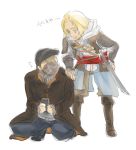  2boys aiden_pearce assassin&#039;s_creed assassin&#039;s_creed_iv:_black_flag blonde_hair blue_eyes brown_hair crossover edward_kenway hat kore_(yuhzen) long_hair multiple_boys raincoat sketch sword watch_dogs weapon 