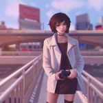  1girl blurry bridge brown_eyes brown_hair camera choker clouds coca-cola cowboy_shot depth_of_field ilya_kuvshinov lips looking_at_viewer original short_hair sky solo standing thigh-highs zettai_ryouiki 