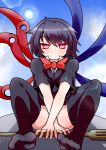  1girl asymmetrical_wings blush bowtie covering covering_crotch crossed_arms feet hatomizu_(issunya) houjuu_nue naughty_face polearm shoes_removed short_sleeves smile solo thigh-highs touhou trident tsurime weapon wings 