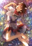  1girl bangle black_hair bracelet directional_arrow dress horns jewelry kijin_seija looking_at_viewer looking_back multicolored_hair nin_(female) red_eyes redhead short_hair short_sleeves sky smile solo space star star_(sky) starry_background starry_sky streaked_hair tongue tongue_out touhou white_hair 