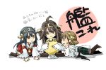  3girls ahoge boots brown_eyes brown_hair detached_sleeves egg glasses green_eyes hands_on_own_cheeks hands_on_own_face haruna_(kantai_collection) hiei_(kantai_collection) holding japanese_clothes kantai_collection kongou_(kantai_collection) long_hair lying multiple_girls nerokuro nontraditional_miko on_stomach plaid plaid_skirt ribbon-trimmed_sleeves ribbon_trim short_hair skirt thigh-highs thigh_boots translation_request violet_eyes 