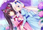  2girls animal_ears bangs bell black_hair blue_eyes blunt_bangs blush bow brown_eyes cat_ears chocolat_(sayori) choker dress flower hair_bow headdress hime_cut hug hydrangea lolita_fashion long_hair long_sleeves looking_at_viewer multiple_girls one_eye_closed open_mouth original pink_hair rain ribbon sayori slit_pupils twintails umbrella vanilla_(sayori) very_long_hair 