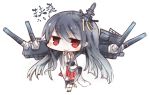  1girl akaki_aoki black_hair blush_stickers chibi faux_traditional_media fusou_(kantai_collection) hair_ornament kantai_collection long_hair looking_at_viewer machinery nontraditional_miko red_eyes simple_background smile solo translated turret white_background 