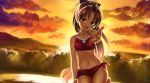  adapted_costume ahoge beach bikini clouds fang hepari highres mahou_shoujo_madoka_magica pink_hair ponytail reaching_out red_bikini red_eyes ribbon sakura_kyouko sunset sweat swimsuit tree 