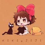  1girl bag black_cat blush_stickers bow cat chibi hair_bow holding_clothes jiji_(majo_no_takkyuubin) kiki majo_no_takkyuubin messenger_bag open_mouth shoulder_bag usoneko 