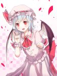 1girl ascot bat_wings blue_hair brooch culter dress fang hat hat_ribbon highres jewelry mob_cap open_mouth paw_pose petals pink_dress pointy_ears puffy_short_sleeves puffy_sleeves red_eyes remilia_scarlet ribbon short_sleeves slit_pupils smile solo touhou wings wrist_cuffs 