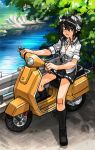  1girl black_hair bra commentary_request gettewi goggles goggles_on_head helmet highres motor_vehicle river school_uniform scooter see-through shirt short_hair skirt sleeves_rolled_up socks solo sweat underwear vehicle vespa wet wet_clothes wet_shirt 