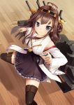  1girl absurdres ahoge bare_shoulders boots brown_hair detached_sleeves double_bun hairband highres japanese_clothes kantai_collection kongou_(kantai_collection) light_smile long_hair nontraditional_miko sasami_(hallo) skirt solo thigh-highs thigh_boots wooden_floor 