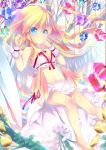  1girl bare_legs blonde_hair blue_eyes blurry depth_of_field long_hair midriff multiple_wings navel nyori original solo white_wings wing_ears wings wrist_cuffs 