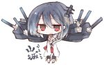  1girl akaki_aoki black_hair chibi faux_traditional_media hair_ornament kantai_collection machinery nontraditional_miko open_mouth red_eyes short_hair simple_background solo translated turret white_background yamashiro_(kantai_collection) 